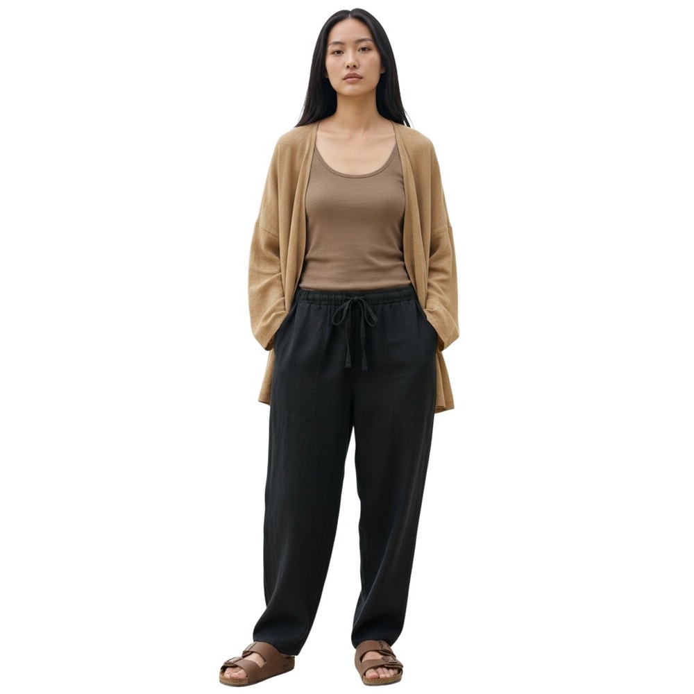 Orvis Womens 100% Linen‎ Drawstring Elastic Waist Pants Black SZ Small Lagenlook